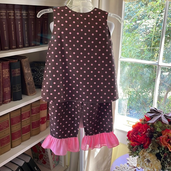 Girls Boutique Pink Polka Dot Monogram I Ruffle Pants Set With Custom Bow - Picture 4 of 8